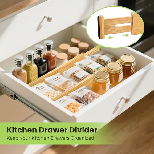 Fyvva Drawer Divider, Adjustable Bamboo Kitchen Drawer Organizer, Spring Loaded Drawer Organizer, Dresser Separators for Kitchen, Bathroom, Clothes, Office Desk Storage (Natural, 8 Pack Large) - size: 8 Pack Large