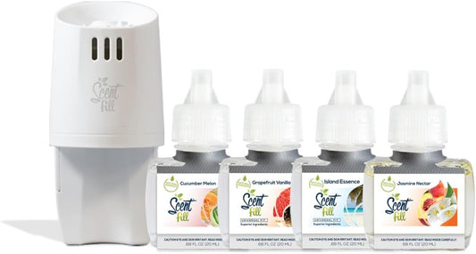 Summer Scent Fill Plug in Air Freshener Kit (Cucumber Melon, Grapefruit Vanilla, Island Essence, and Jasmine Nectar), 4 Refills + Diffuser