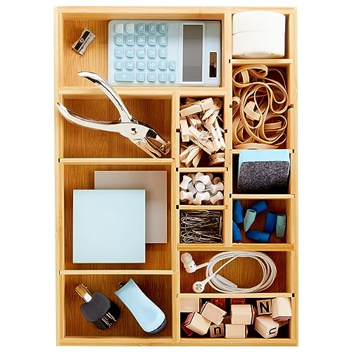 Juvale Drawer Organizer Tray - 8-Slot Drawer Divider for Utensils - Versatile Silverware Holder - Desk Tray for Office Supplies - 14 x 10 x 2 in, Brown, Bamboo - size: 14" x 10" x 2" inches