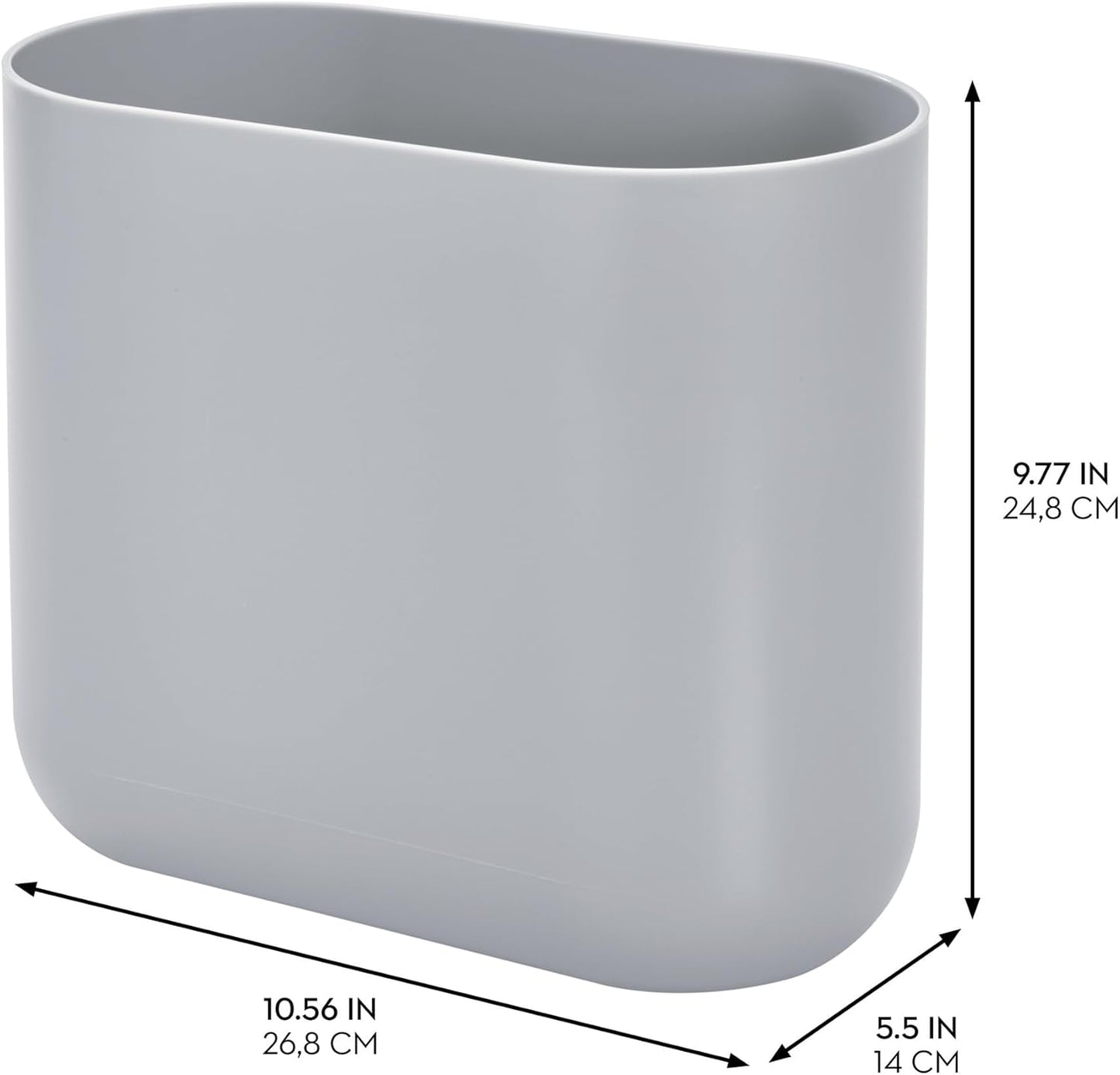 iDesign Cade Oval Slim Trash, Compact Waste Basket Garbage Can for Bathroom, Bedroom, Home Office, Dorm, College, Matte Gray