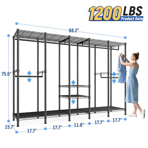 Raybee 88.2" W Clothes Rack Heavy Duty Clothing Racks for Hanging Clothes Extra Wide Portable Closet Loads 1200LBS Freestanding Garment Rack for Bedroom 88.2" W x 75.6" H x 15.7" D, Black - color: Black, style: NO COVER