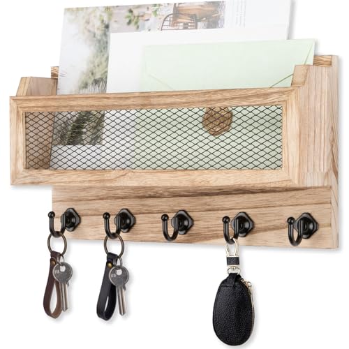 Nekon Mail and Key Holder for Wall Decorative, 11 Inch Wooden Wall Key Organizer with 5 Key Hooks, Wall Mount Storage Shelf for Entryway Hallway (Wood) - color: Wood