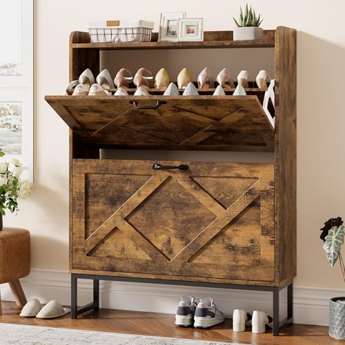 Nicetree Shoe Cabinet Organizer with 2 Flip Drawers, Freestanding Narrow Rack with Metal Legs, Farmhouse Slim Shoe Storage for Entryway, Foyer, Hallway, Rustic Brown - color: Rustic Brown, style: 2-Drawers