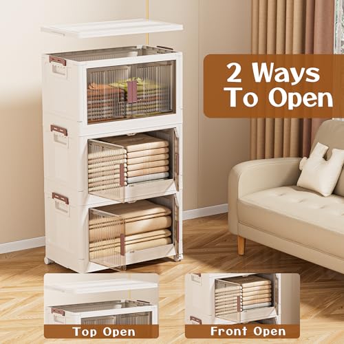 32GAL/128QT 4 tier large stackable storage bins with lid and wheels, collapsible storage bins plastic with doors，suit for clothes, closet, home and office - size: 32QT, style: 4 Pack