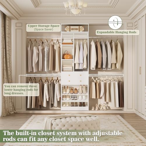 Besiost Closet System, 4.2–8.8 FT Closet Organizer with 2 Wooden Drawers and Shelves, Walk-in Closet System with 5 Hang Rods, Built-in Reach in Closet Tower, Can Fit 60 to 96 inch, White - color: White