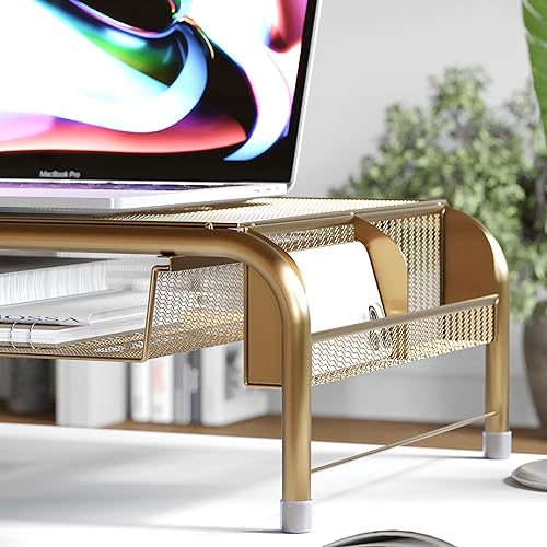 Martha Stewart Ryder Gold Mesh Metal Desktop Monitor Stand Riser with Organizer Drawer and Side Storage