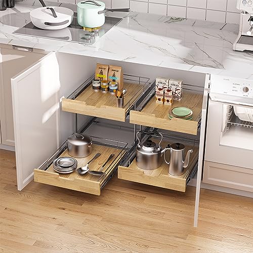Sikarou Pull Out Cabinet Organizer,Heavy-Duty Slide Out Shelf, Wood and Wire Basket, Pull Out Drawer for for Kitchen Under Sink Space, Pantry, Bathroom, 2 Tie 14 * 21 in - size: 2-TIE 14*21 WM