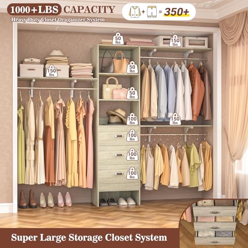 Armocity 96 Inches Closet System, 8FT Walk In Closet Organizer with 3 Shelving Towers, Heavy Duty Clothes Rack with 3 Drawers, Built-In Garment Rack, 96"L x 16"W x 75"H, Load 1000 LBS, White Oak - color: White Oak