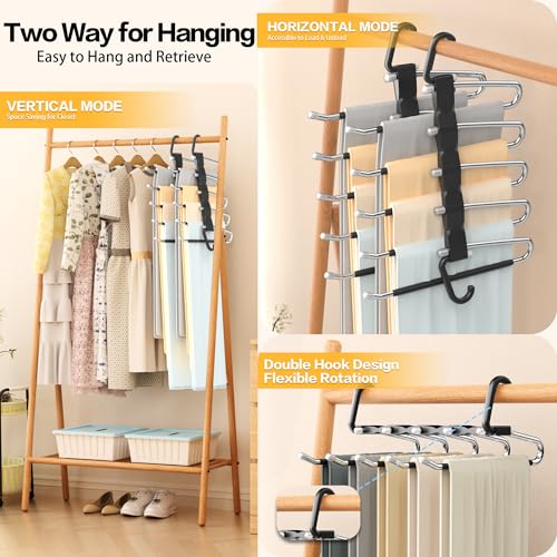 Pants Hangers Space Saving - 2 Pack Closet Organizer and Storage Jean Hangers, Stainless Steel Anti-Slip Clothes Hanger Scarf Holder for Pants Jeans Leggings Trousers Pant Rack, Black - size: 2