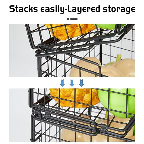 X-cosrack Stackable Wire Baskets for Counter, Fruit and Vegetable Storage, Potato and Onion Storage Bin，Kitchen Pantry Organizer - Wall Basket for Produce/Snack/Can, Large, Black - size: Large