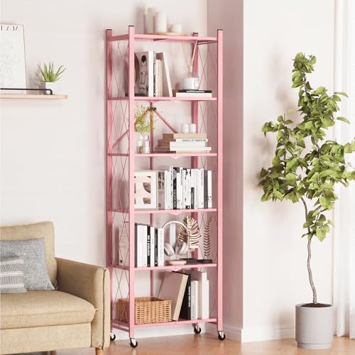 ALANNG 73.6 Inch Folding Bookshelf, 6 Tier Metal Bookcase and Bookshelves, Tall Shelves for Living Room Office Bedroom, Heavy Duty Book Shelve Free Standing Open (Pink, 1PACK) - color: Pink