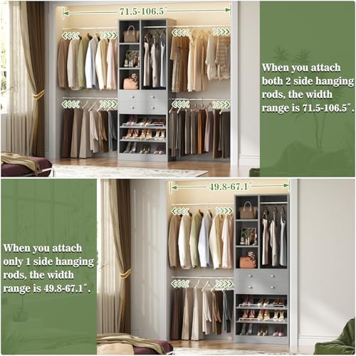 Besiost Closet System, 4.2–8.8 FT Closet Organizer with 2 Wooden Drawers and Shelves, Walk-in Closet System with 5 Hang Rods, Built-in Reach in Closet Tower, Can Fit 60 to 96 inch, Morandi Grey - color: Morandi Grey