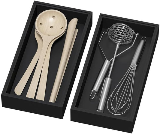 Bamboo Drawer Organizer, Cutlery Silverware Organizer for Kitchen Drawer, Stackable Utensil Organizer, 2 Pcs Flatware Organizer, Wooden Storage Box Tray (Black, 12 X 6 X 2 Inch)