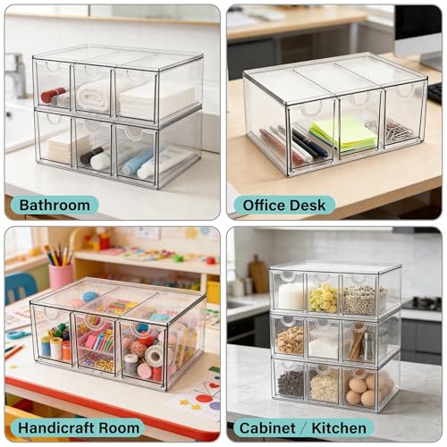 Prsildan Acrylic Makeup Organizer, 2 Pack Stackable Storage Drawers with 6 Drawers for Office Desk Vanity Craft Room Clear Drawer Organizers for Hair Accessories Art Supplies Cosmetics Modular System - style: Style3-6Drawers