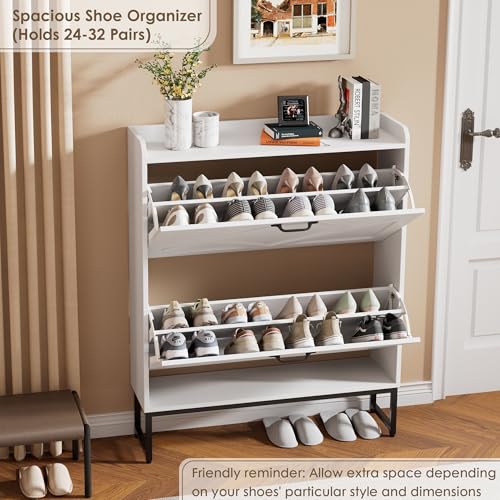 Nicetree Shoe Storage Cabinet with 2 Flip Drawers, Freestanding Shoe Organizer, Shoe Cabinet with Metal Legs, Narrow Shoe Rack Cabinet, Farmhouse Slim Shoe Cabinet for Entryway, Foyer, Hallway, White - color: White, style: 2-Drawers