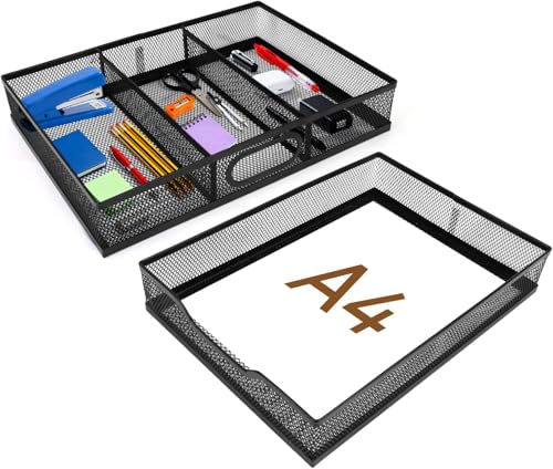 Yummy Sam 2 Pack Desk Drawer Organizer Tray, Office Drawer Organizer Tray with 2 Dividers, Metal Mesh Drawer Organizers for Desk, Desktop, Office Supplies, 12.2X8.8x2.1Inches