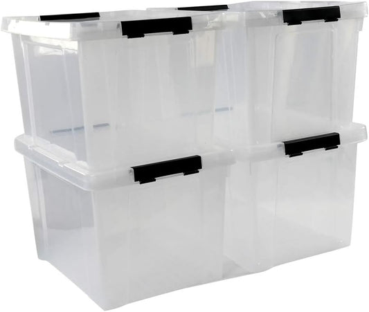 Ggbin 34 Quart Clear Lidded Storage Container Tote, Plastic Storage Box Bin with Black Latch, 4 Packs