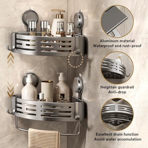 VOLPONE Corner Shower Shelf Suction Cup Shower Caddy Corner No Drilling Bathroom Shower Organizer Storage Rack Adhesive with Towel Bar (3-Pack, Gray) - style: Suction Cup Triangle with Towel bar 3 Tier Gray