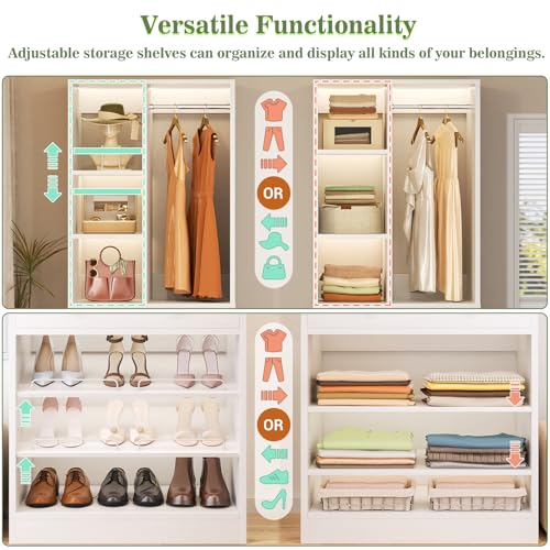 Besiost Closet System, 4.2–8.8 FT Closet Organizer with 2 Wooden Drawers and Shelves, Walk-in Closet System with 5 Hang Rods, Built-in Reach in Closet Tower, Can Fit 60 to 96 inch, White - color: White