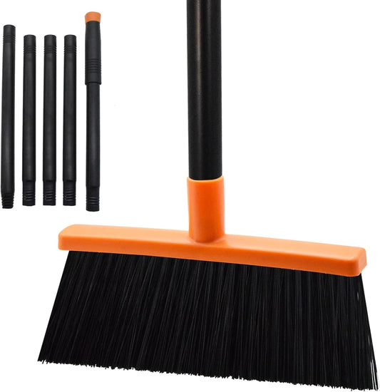 Small Broom Stiff Bristles Brush with Long Handle Indoor or Outdoor Compact Broom for Sweeping Patio Garage Garden,Deck,Concrete Floor,Bathroom (Orange)