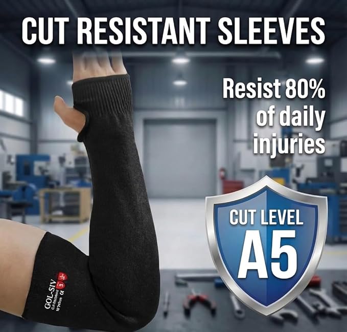 Cut Resistant Sleeves With Thumb Hole, Arm Protectors For Thin Skin And Bruising, Kevlar Sleeves Arm Protection For Women, Men, Elderly (17.7in, Black)