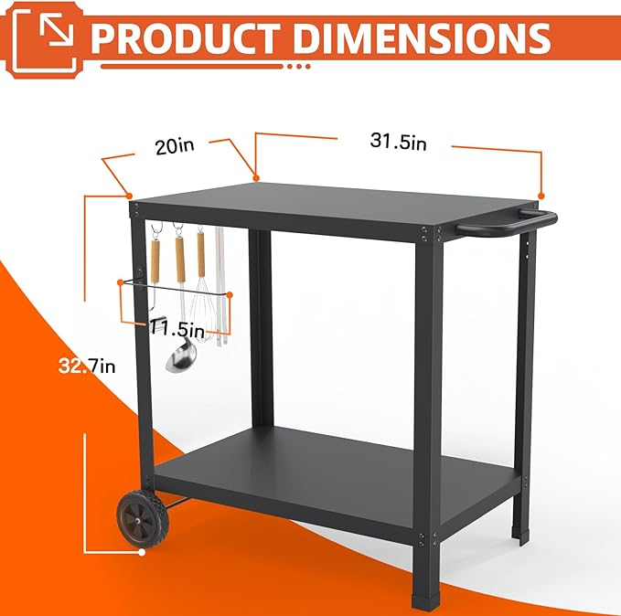 32x20IN Double-Shelves Grill Table, Outdoor Grill Cart for Blackstone Griddle, Movable Pizza Oven Table Cart for Outside Patio, Kitchen Cooking Food Prep Table for Party