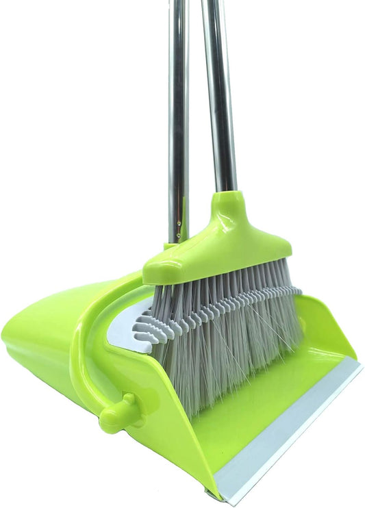 Extendable Long Handle Broom and Dustpan Set, Stainless Lightweight Upright Standing Broom and Dustpan Combo for Kitchen Lobby Office Living Room Household Indoor or Outside (Green)