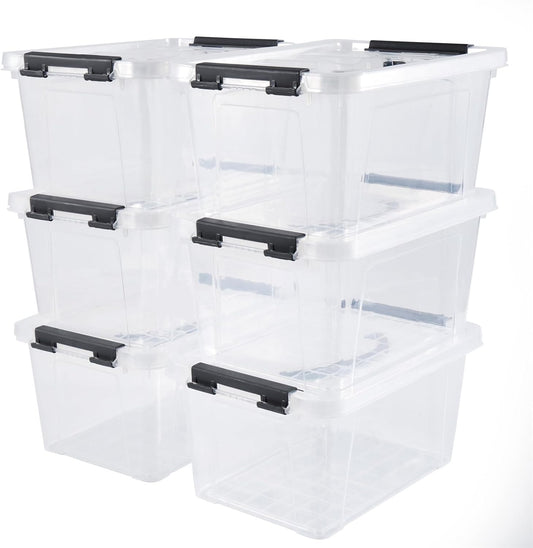 6 Quart Plastic Stackable Storage Latch Bins,Clear Latching Box with Handle and Lid,Pack of 6 (Black Handle)