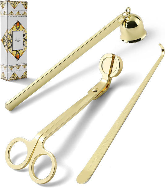 PATOISE 3 in 1 Candle Accessory Set, Candle Wick Trimmer Cutter Mini, Candle Snuffer, Candle Wick Dipper in Gift Package for Candle Aromatherapy Lovers(3PCS Gold)
