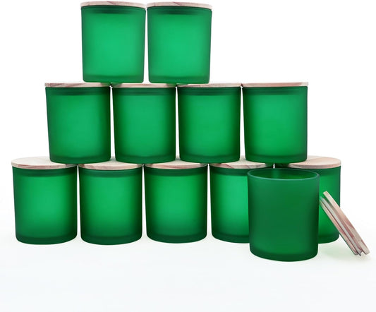 SHOWIN 14 OZ Thick Candle Jars for Making Candles 12 Pcs, 3 Wick Empty Jars with Wood Lids for Candle Making, Sample Container, Frosted Green