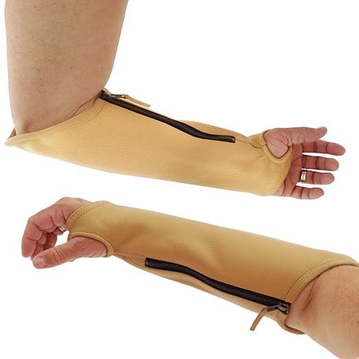 Arm Chaps Extended Elbow Leather Arm Guard - Arm Sleeve Protectors for Thin Skin and Bruising, Scratches & Cuts - Protective Arm Sleeve for Any Age- Left & Right Form-Fitting - Tan (1Pair/Small).