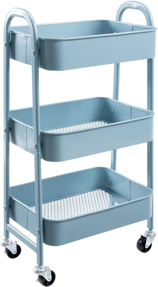 AGTEK Makeup Cart, Movable Rolling Organizer Cart, Grey-Blue 3 Tier Metal Utility Cart