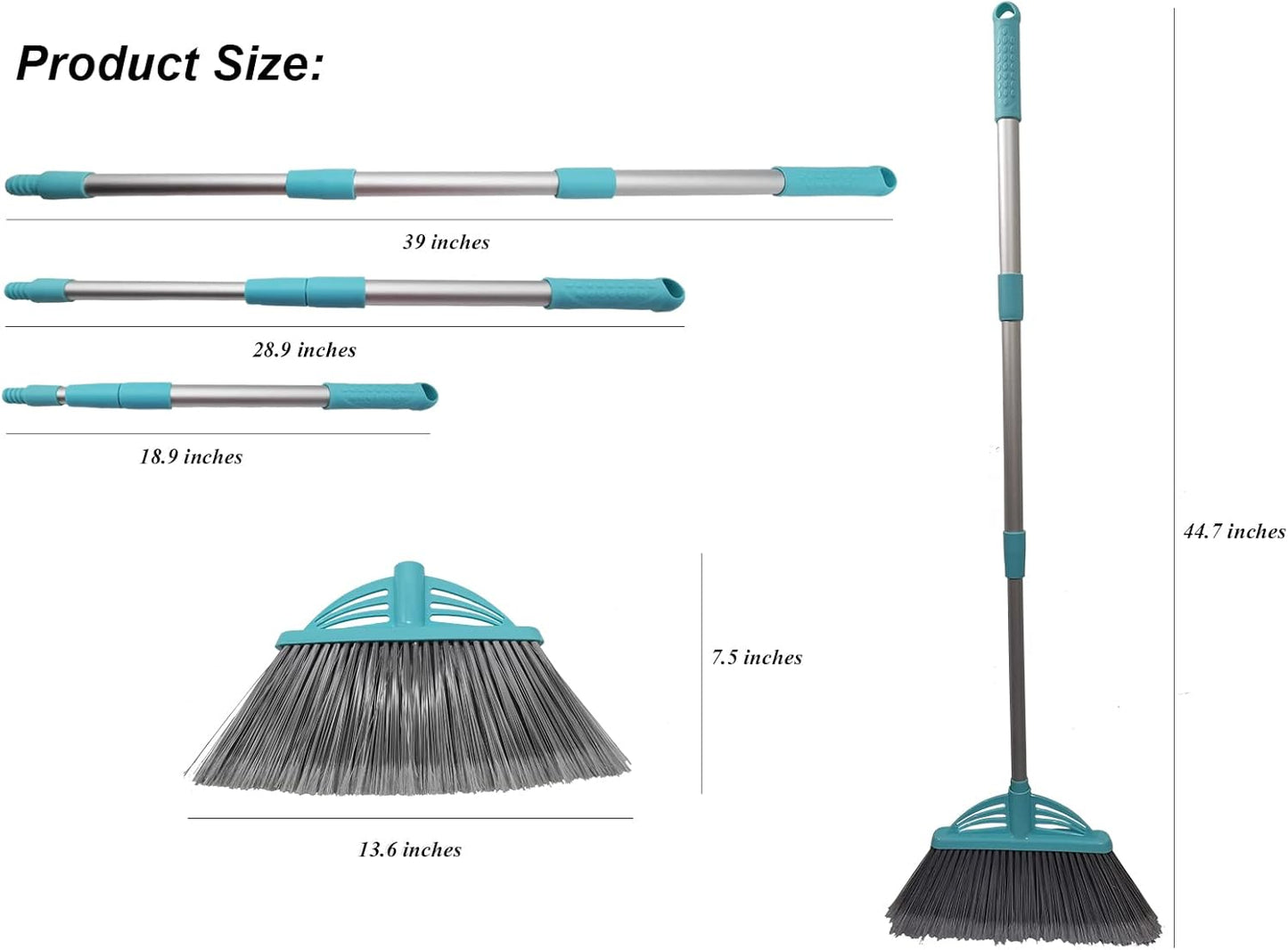 Three-Section Telescopic Aluminum Alloy Rod Long-Handled Broom for Housekeeping Garden Camping Outdoor&Indoor, 2 PCS Light Blue