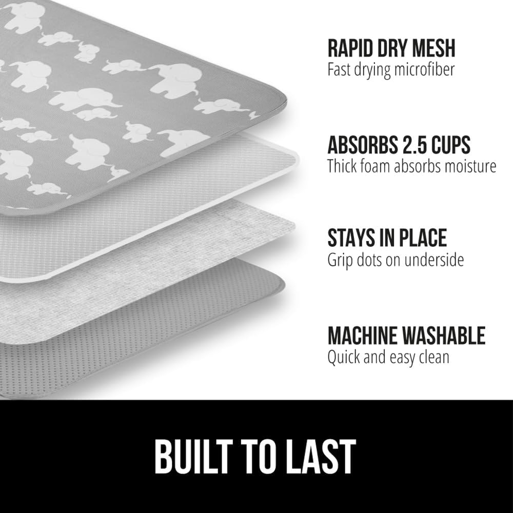 GORILLA GRIP Ultra Water Absorbent Microfiber Dish Drying Mat, Quick Dry Mesh, Slip Resistant Pad for Sink Dishes or Under Rack, Kitchen Counter Accessories, 16x18, Machine Wash, 2 Pack Elephants
