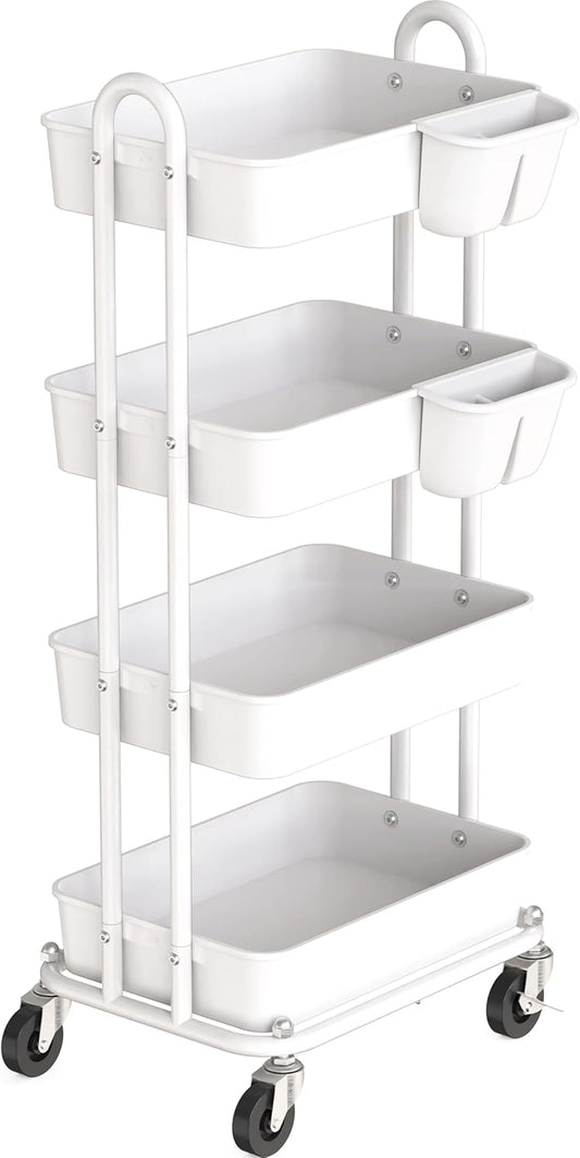 Simple Houseware 4-Tier Multifunctional Rolling Utility Cart with Hanging Buckets, White