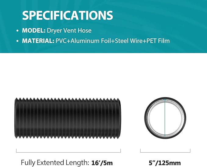 HG Power 5 Inch Air Ducting, 16 Feet Flexible Aluminum Dryer Vent Hose, Three Layer Protection Dryer Hose with 2 Clamps for HVAC Ventilation Heating Cooling Exhaust
