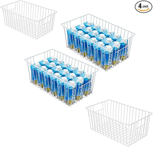 Large Wire Storage Baskets Freezer Organizer Baskets, Farmhouse Metal Wire Baskets Bins, Household Storage Basket with Handles for Kitchen, Cabinets, Pantry, 4 Packs (16" (L) x 9.8 (W) x 7" (H))