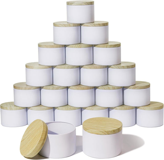 Aroparc Candle Tins 8oz with Lids, 24 Pack Seamless Candle Containers for Candle Making Supplies Empty Candle Jars - Wood Grain Lids White Tins