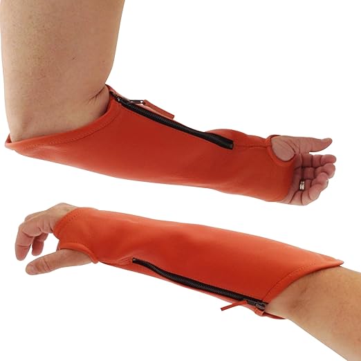Arm Chaps Extended Elbow Leather Arm Guard - Arm Sleeve Protectors for Thin Skin and Bruising, Scratches & Cuts - Protective Arm Sleeve for Any Age- Left & Right Form-Fitting - Orange(1Pair/X-Small).
