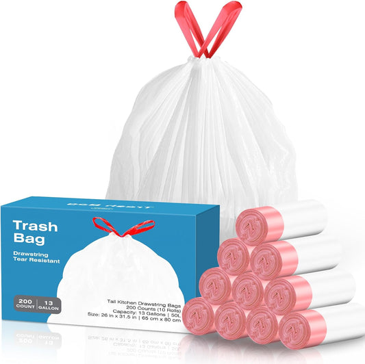 13.2 Gallon Tall Kitchen Drawstring Trash Bags, 200 Count Pre-separated Garbage Bags, Unscented, Leak Proof, Waste Bag for Kitchen, Office, Home