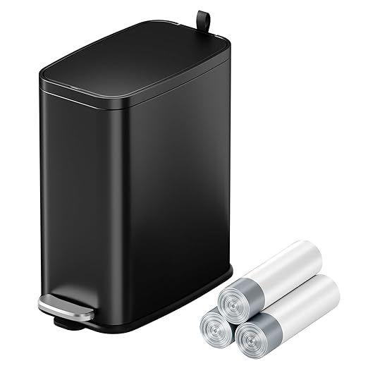 1.6 Gallon Bathroom Trash Can with Lid Step Pedal, Soft Close, Small Black Stainless Steel Garbage Can with Removable Inner Bucket, Slim Fit for Narrow Spaces Bedroom Office