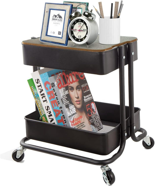 Melody House 2-Tier Metal Utility Rolling Cart Storage Organizer with Cover Board Mobile Trolley Sofa Side Table with Wheels for Office Home Kitchen Organization Black