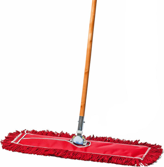 24 Inch Red Commercial Dust Mop & Floor Sweeper – Wood Handle Floor Mop for Tile, Hardwood & Concrete