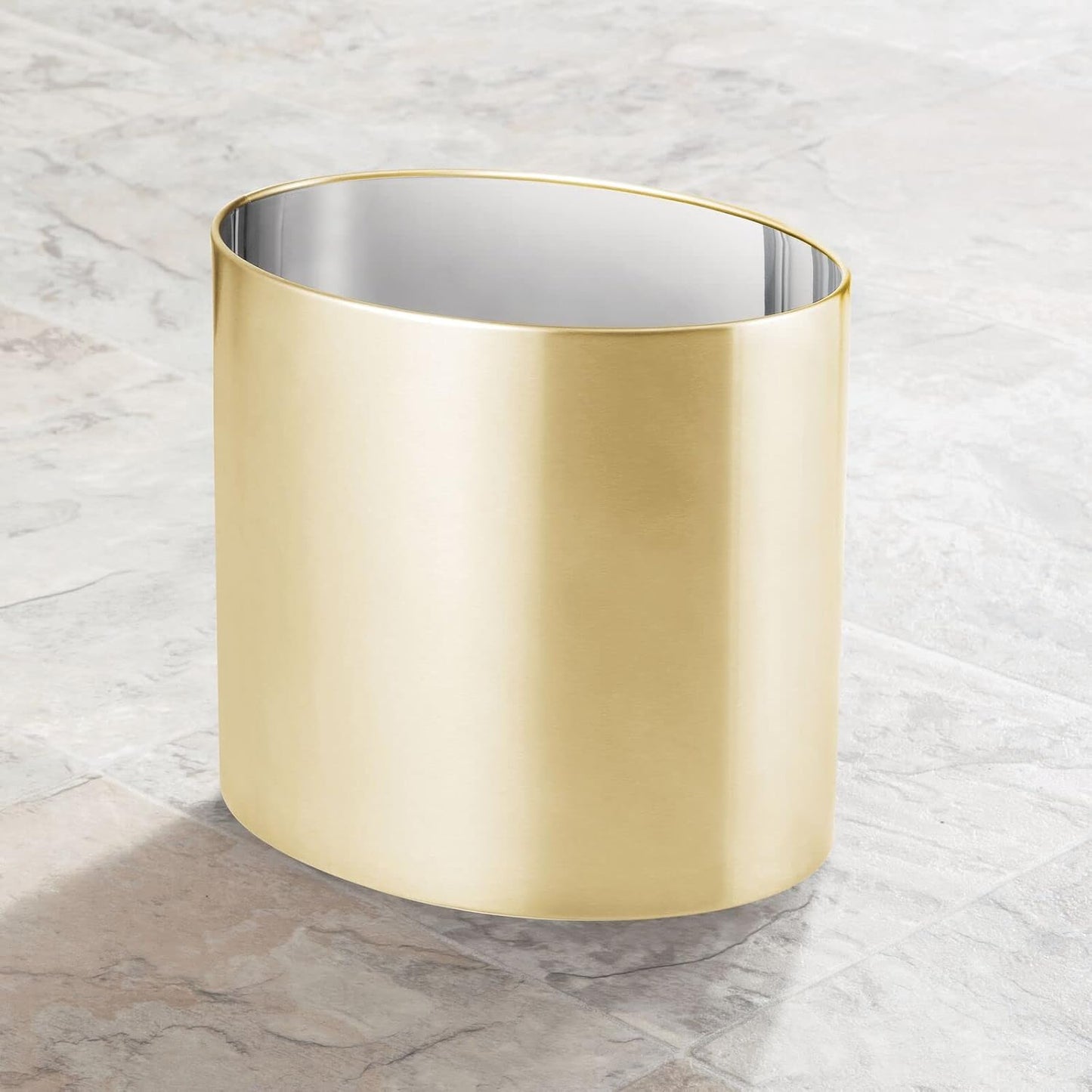 mDesign Stainless Steel Metal Oval Trash Can, 7.9 Liter/2.09 Gallon Wastebasket, Garbage Basket Bin for Bathroom, Bedroom, Kitchen, Home Office, Holds Waste and Recycle, Mirri Collection, Soft Brass