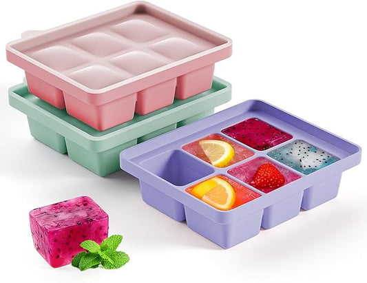 Large Silicone Ice Cube Tray Set of 3, Easy Release 6 Flexible Silicone Ice Cube Molds with Removable Lid, Reusable Freezer Stackable Ice Trays for Whiskey, Baby Food, No Floater, BPA Free