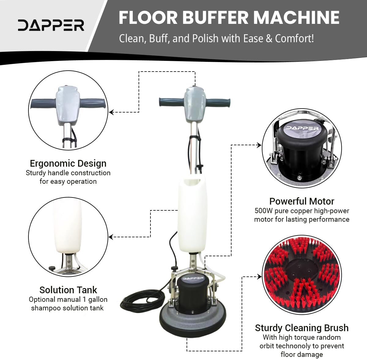 13" Heavy-duty Multi-Functional Floor Buffer Polisher Machine - Clean, Buff, Scrubb and Polish with Ease! Ideal for Carpets Too! Includes Optional Solution Tank, 2 Brushes and 3 Scouring Pads