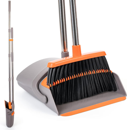 POWERJET Upright Broom & Dustpan Set (420900), Angled Lobby Broom, Exclusive Long Handle Extendable 52”, Self-Cleaning with Dustpan Teeth, Sweeping Indoor & Outdoor Home & Office Cleaning