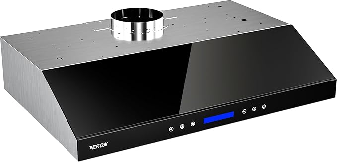 EKON 36 BLack New inches Under Cabinet Range Hood, 900 CFM Stainless Steel Kitchen Chimney Vent, 4 Speed Touch Screen Control With Remote 2Pcs 3W LED lights Dishwasher-safe Filters Fan Timer