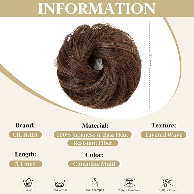 CJL HAIR 2PCs Small Cute Messy Bun Hair Piece for Thin Hair Women Mini Synthetic Curly Bun Scrunchies Updo Hairpieces Chocolate Multi