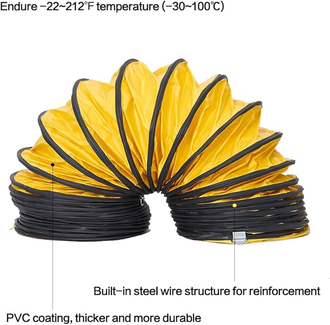 25FT Ducting Hose 8IN PVC Flexible Duct Hosing with Adjustable Rope S Hook & Steel Support for Utility Blower Exhaust Fan (8''x25ft)